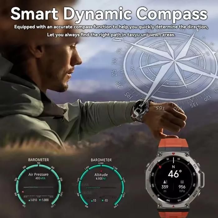 Montre Connectée Militaire Homme 2025, Appels Bluetooth, GPS, Boussole, Altimètre Barométrique, Étanche 10ATM