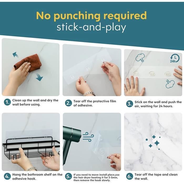 Estante para ducha sin taladrar, juego de 5 piezas para baño con jabonera, ganchos y soporte autoadhesivo para ducha, color negro.