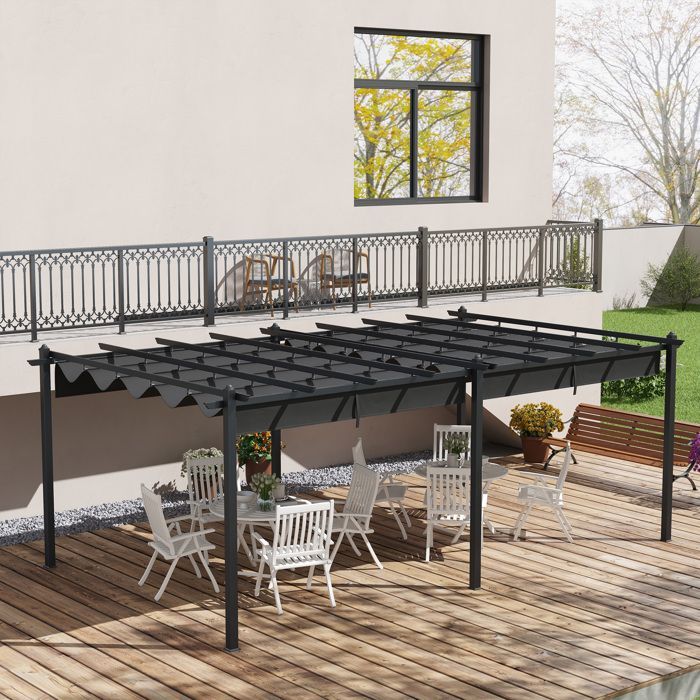 Pérgola de jardín - Outsunny - Pérgola corredera retráctil de aluminio de 3,6 x 6 m para patio - aluminio - gris oscuro