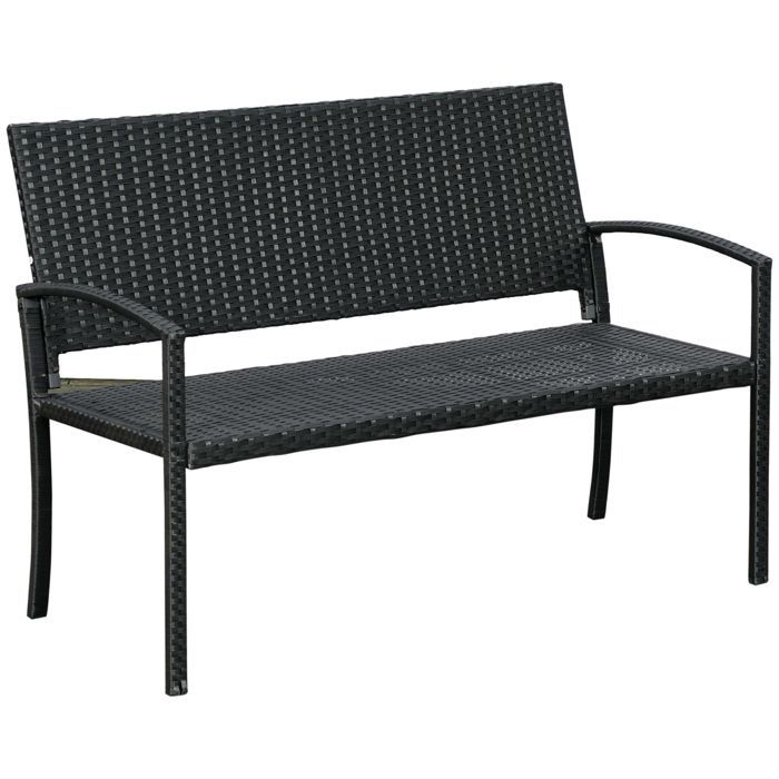 Banco de jardín de ratán sintético, banco de parque de 2 plazas con estructura de acero y tejido negro, 122 x 60 x 87 cm, para jardín y terraza.
