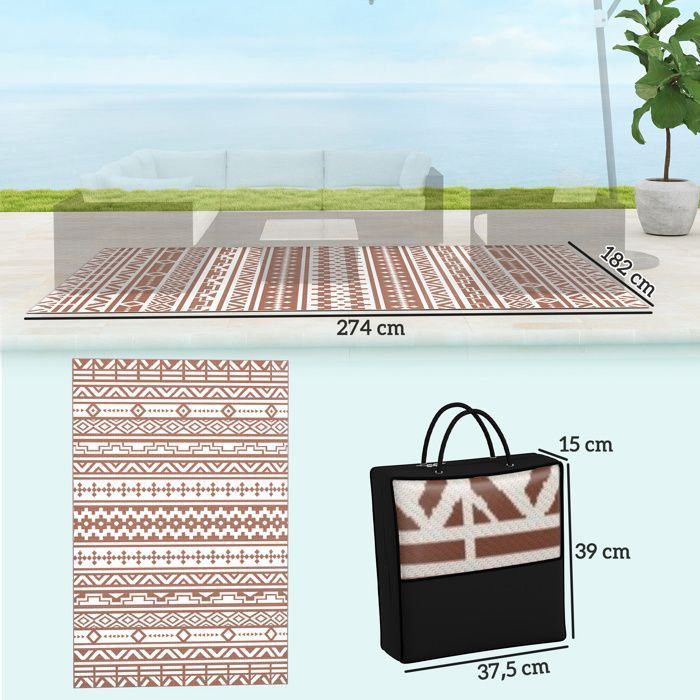 Alfombra de exterior Outsunny - reversible - 1,8 x 2,7 m - estampado geométrico de pared - fabricada en PP - incluye bolsa de transporte - roja y blanca