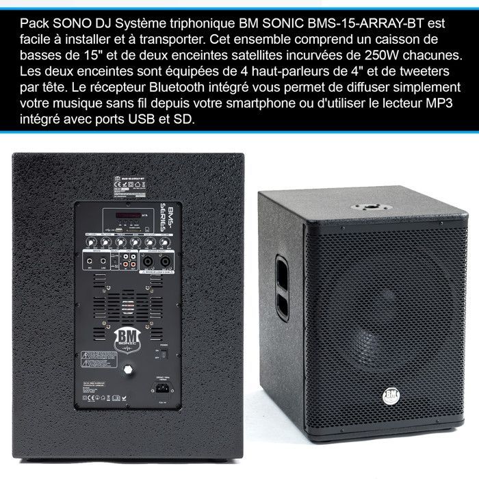 Complete DJ sound pack BM SONIC BMS-15-ARRAY-BT, 1200W, Satellite speakers, 38cm USB/Bluetooth subwoofer, Cable supports