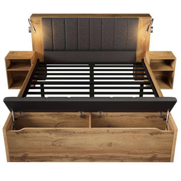 Cama doble de 180x200 cm – Roble – Cabecero plegable – 2 mesitas de noche + banco – Lámparas USB