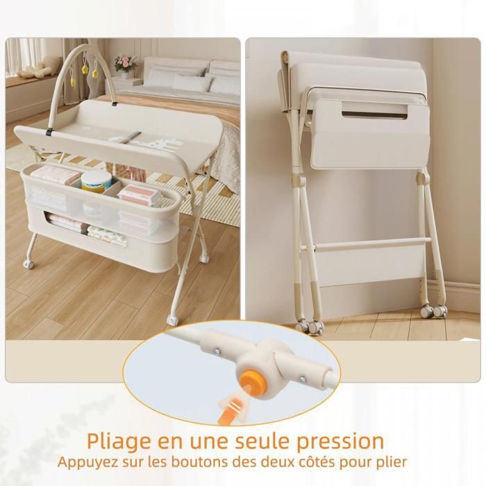 Cambiador plegable 2 en 1 MIPAN - Altura ajustable (83-91 cm) - Con 4 ruedas + bolsa de almacenamiento + arco de juego - Blanco