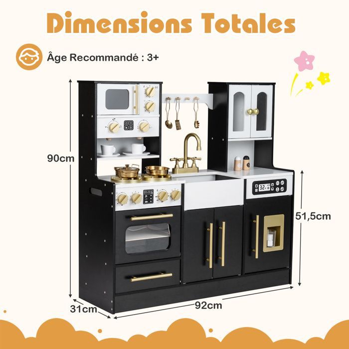 Cuisine Enfant COSTWAY en Bois 3Ans+, 12 Accessoires, Lumières et Sons, avecMachine à Glace, Micro-ondes, Machine à Café Noir