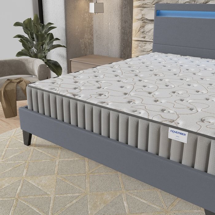 Colchón y cama Orionis (140 x 190 cm) 22 cm de espuma viscoelástica y espuma de alta densidad + base de láminas estable y cabecero LED gris