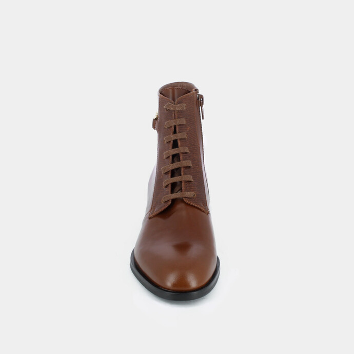 Bottines à boucles et lacets  en cuir et reptile cognac