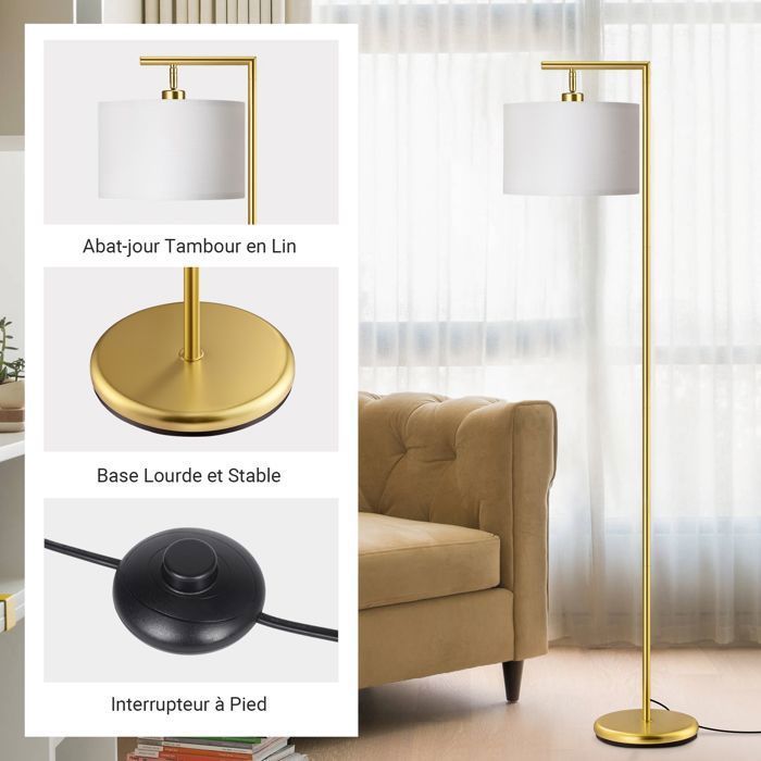 EDISHINE Lampadaire sur pied salon, lampe à arc avec abat-jour rotatif en lin, interrupteur à pied, ampoule E27 2700K fournie, doré