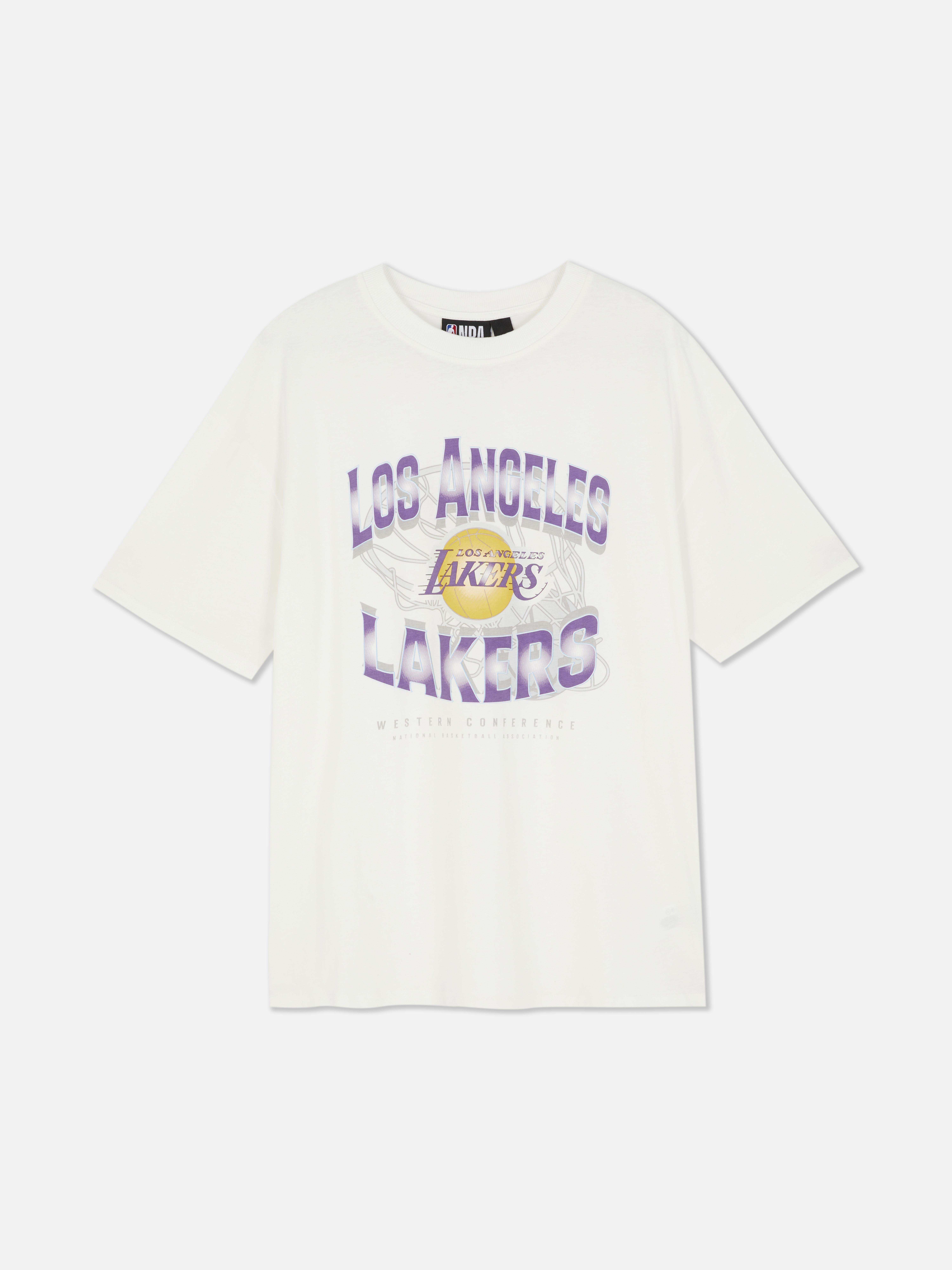Túlméretezett NBA Los Angeles Lakers póló Rövid ujjú, leengedett vállal és Los Angeles Lakers mintával ellátott, laza póló.