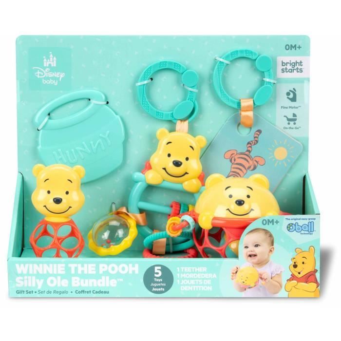 DISNEY BABY - WINNIE - Set regalo per neonati, 5 giocattoli tra cui 1 giocattolo per la dentizione di Winnie the Pooh e O-Ball, sonaglio e accessorio per passeggino.