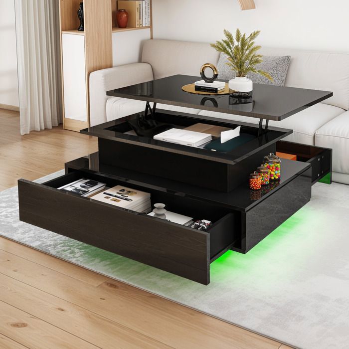 BALCONERA Lift-Top Coffee Table, Rectangular Living Room Table with 16 Color LED Lights and 2 Drawers, High-LumiNova Surface, Black