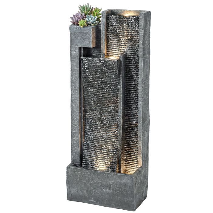Buitenfontein voor de tuin, 3-laags waterval, moderne verlichte plantenbak en waterwand met 24 LED's, 101 cm, grijs
