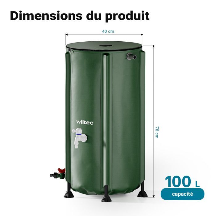 Tanque plegable de recolección de agua de lluvia Wiltec de 100 litros, tanque flexible de PVC con cremallera, grifo y tapa, depósito IR.