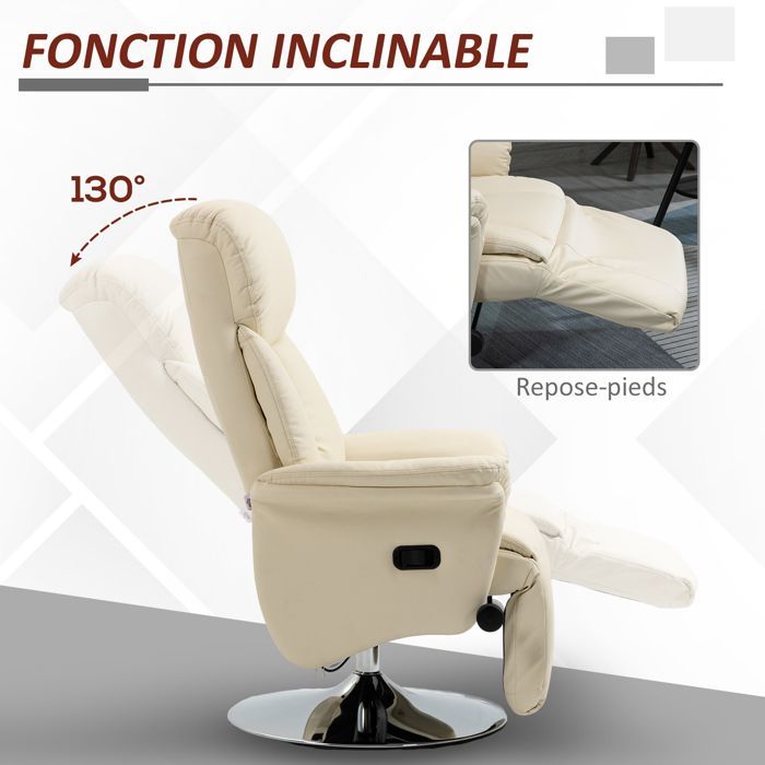Sillón de relajación - HOMCOM - reclinable, giratorio, reposapiés ajustable - hasta 150 kg - para salón, dormitorio, cine en casa - color crema