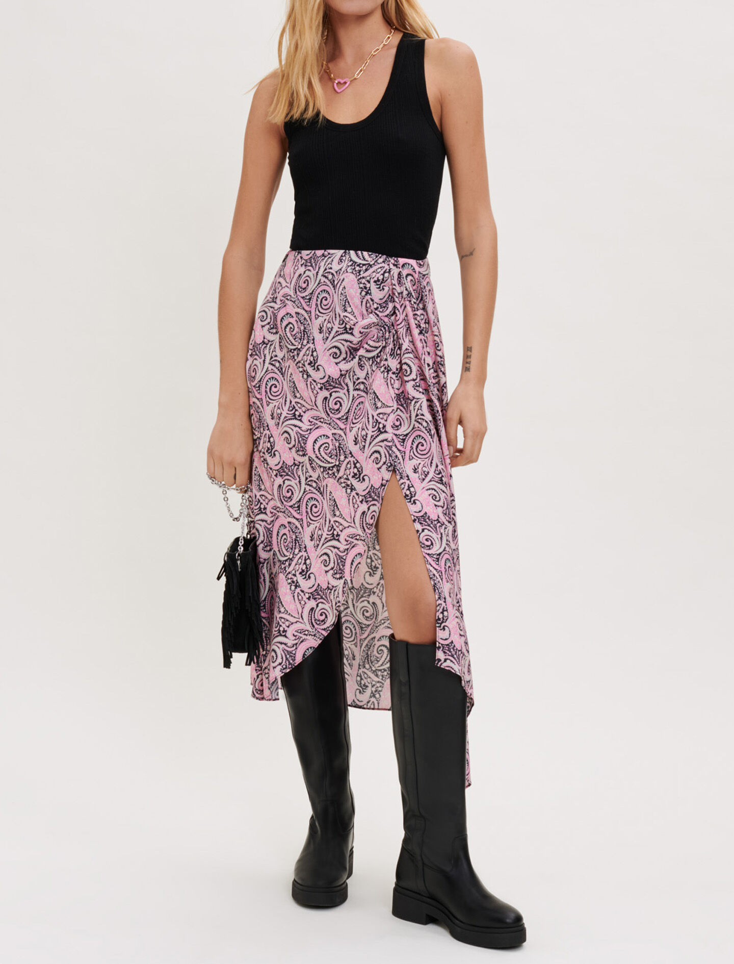 Asymmetrische rok van bedrukte viscose - Paisley rose