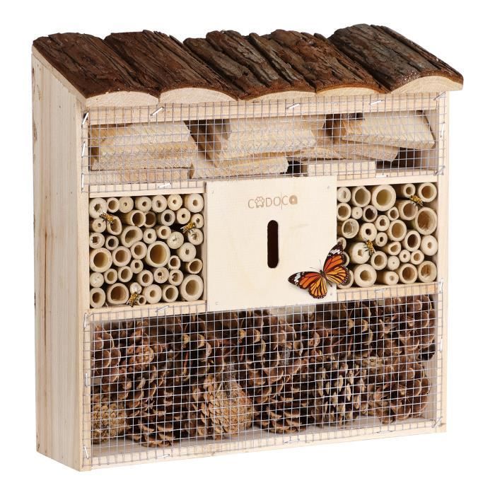 CADOCA® Hotel para insectos de madera natural de 30,5 x 31 cm. Casita/caja nido para abejas para invernar, polinizar y fomentar la biodiversidad.