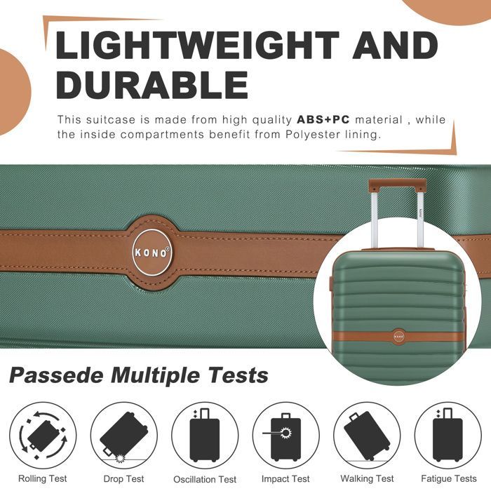 Maleta Kono mediana rígida de 66,5 x 45,5 x 25,5 cm, ABS+PC, con 4 ruedas y cerradura, tipo carrito de viaje, 62 L, color verde.