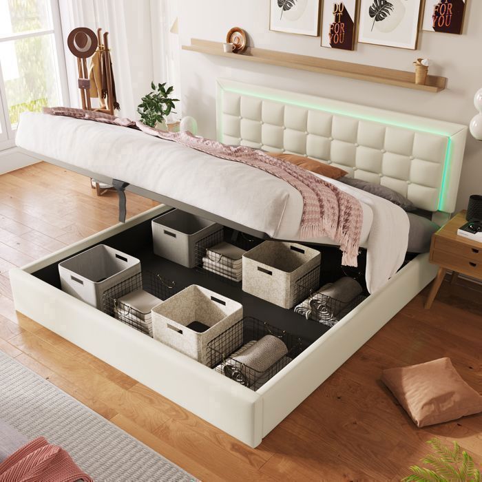 Letto matrimoniale con rete a doghe e contenitore integrato, materasso imbottito, lampada a LED inclusa, dimensioni 180x200 cm.