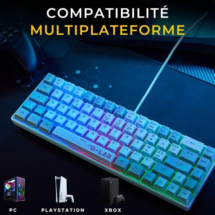 Clavier Gamer filaire - THE G-LAB - KEYZ-HYDRO-WG/FR - 60% format compact - AZERTY - Rétroéclairé - Gris/Blanc