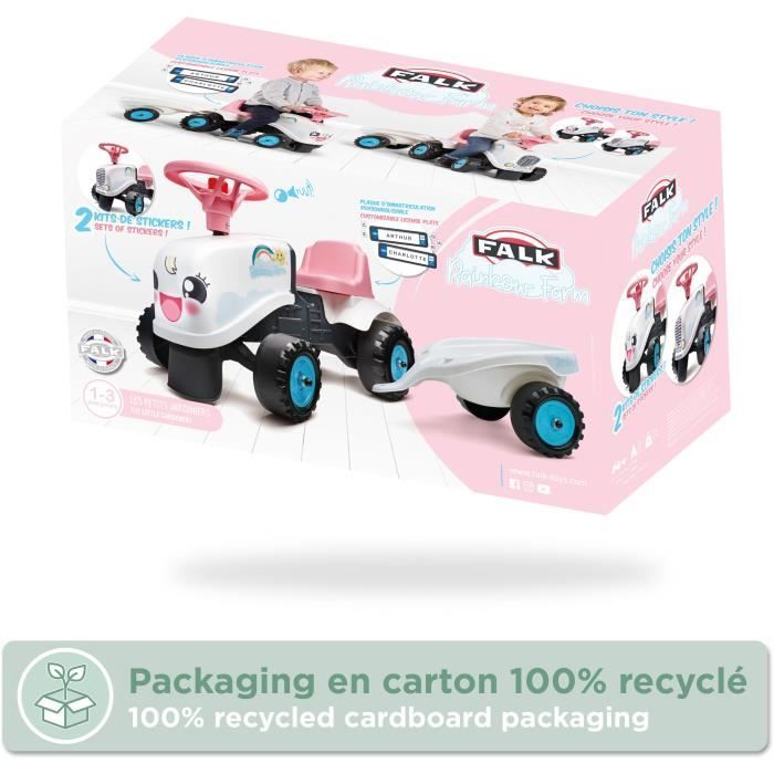 Rainbow Farm Ride-On Tractor - FALK - Steering Wheel with Horn - White and Pink - 100% Made in France - Ages 12 Months+