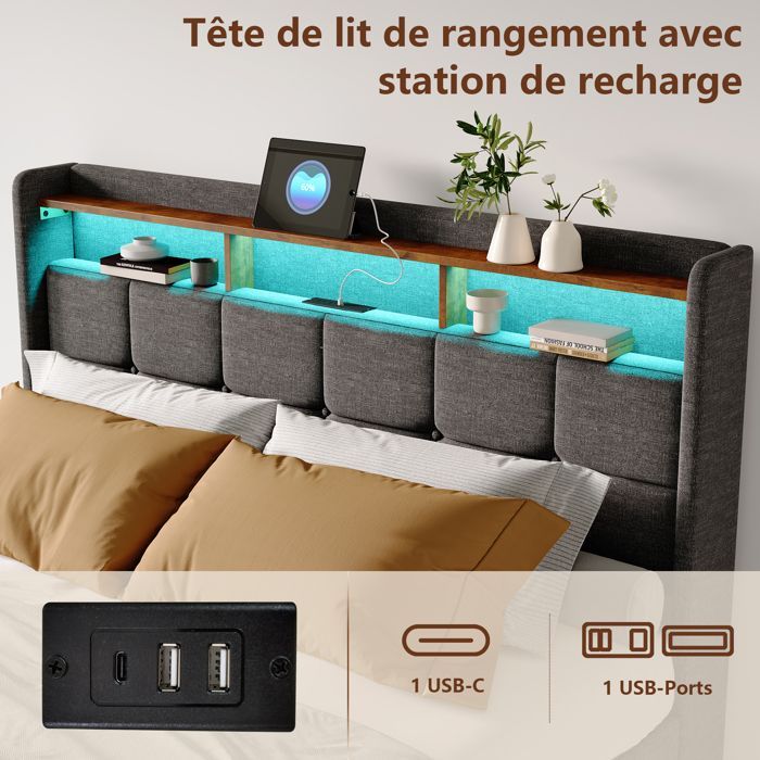Lit coffre en lin gris 180x200 cm, lit double avec LED et port USB, lit adulte avec tiroir de rangement et sommier à lattes