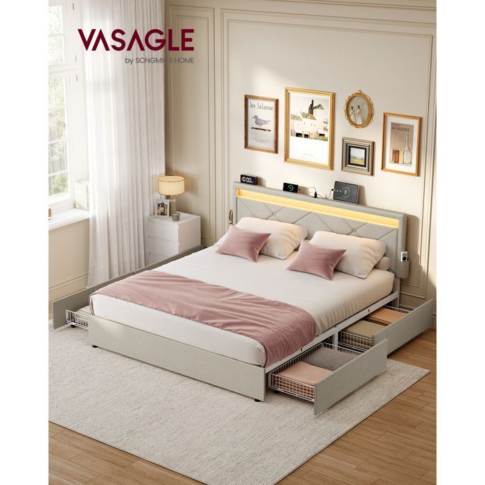 Lit double - VASAGLE - LED intégrée - 4 tiroirs - Beige cappuccino - Tête ajustable