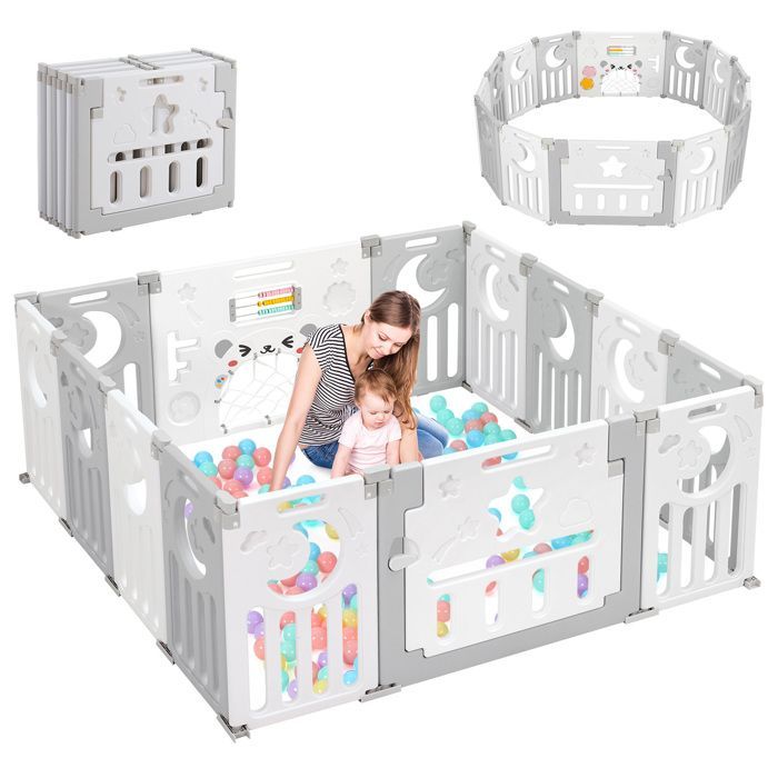 Foldable Baby Playpen with 14 Panels, 150×150 cm, Modular Plastic Baby Playpen, Baby Playpen with Door and Activity Panel