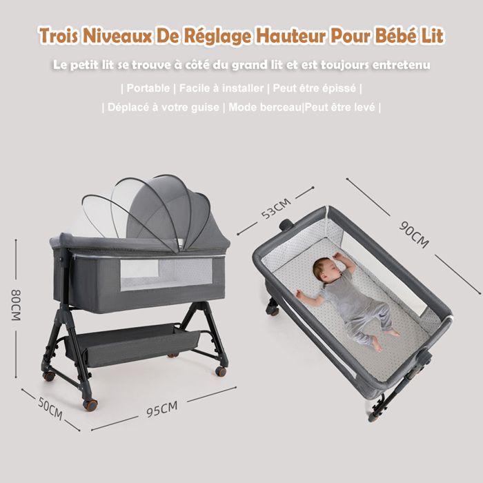 Lit Bébé Berceau Cododo pour Bébé 0-36 Mois, Hauteur Réglable Lit Cododo avec Matelas, Panier de Rangement, Table à Langer - Gris