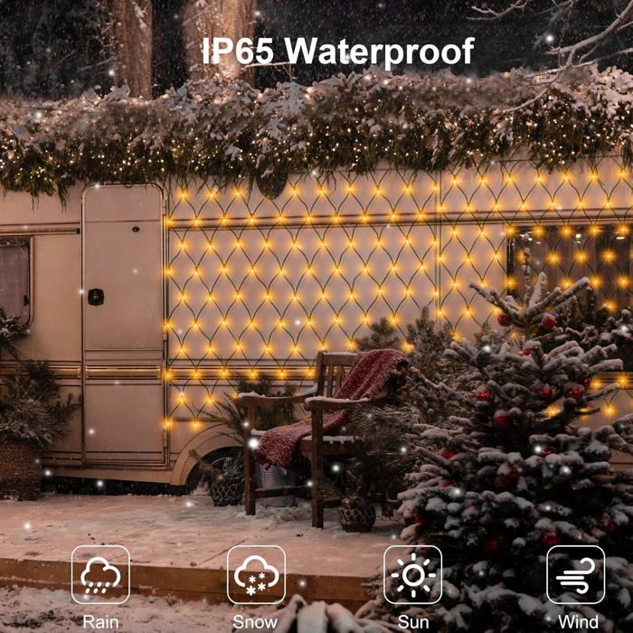 Cordão de luzes decorativas para exterior com 96 LEDs, 1,5m x 1,5m, 8 modos de iluminação para praia e jardim (branco quente).