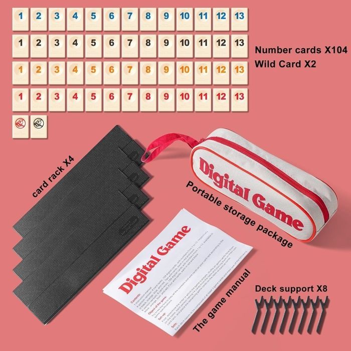 Set di mini dadi da Rummy, gioco classico di Rummy, gioco da tavolo di Rummy numerico con 4 ripiani, 106 dadi da Rummy per 2-4 giocatori