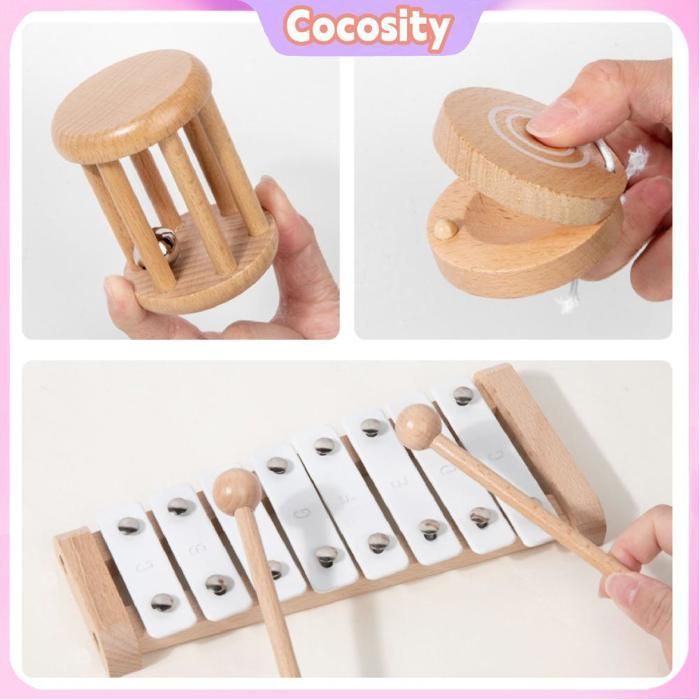 Juego de instrumentos musicales infantiles Cocosity: xilófono, pandereta y juegos de rompecabezas.