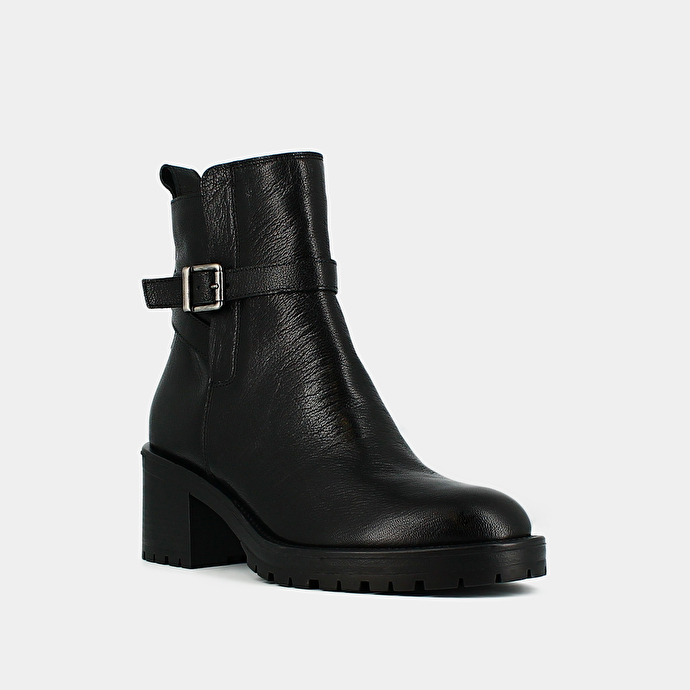 Bottines à bouts ronds et boucles  en cuir grainé noir
