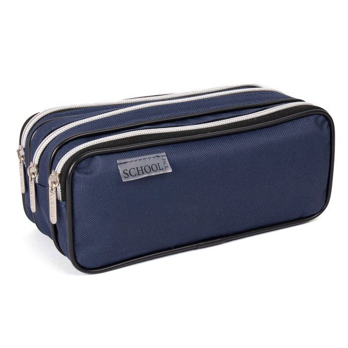Rectangular pencil case with 3 compartments, blue