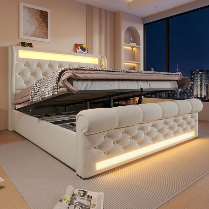 Lit coffre - Becag - Lit double 140x200cm avec LED et USB Type-C, Lit adulte rembourré avec rangement hydraulique, Velours Beige