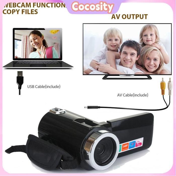 Videocámara Cocosity (negra) con cámara externa Full HD, función de montaje de vídeo, color negro.
