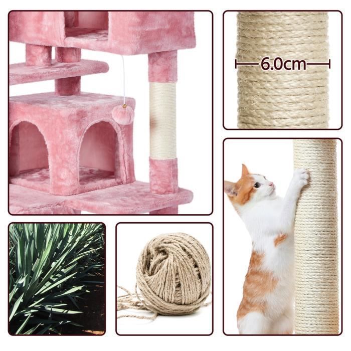 Arbre à Chat Rose - Yaheetech - Hauteur 138,5cm - 2 Niches 3 Plateformes 2 Boules Sisal Naturel - Arbre à Grimper Multi- 3-4 Chats