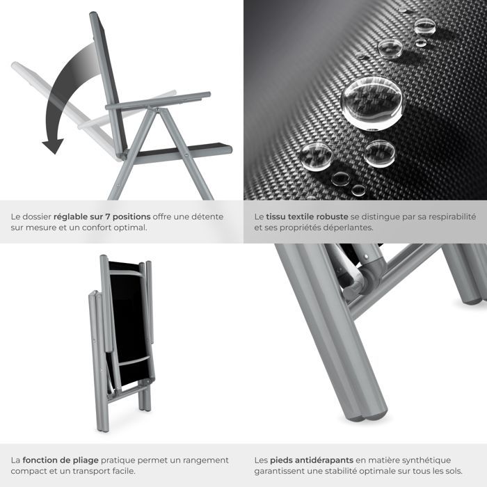 Sillas de jardín - TECTAKE - Juego de 6 sillas de jardín plegables MARILENA, respaldo ajustable en 7 posiciones - Negro/Gris