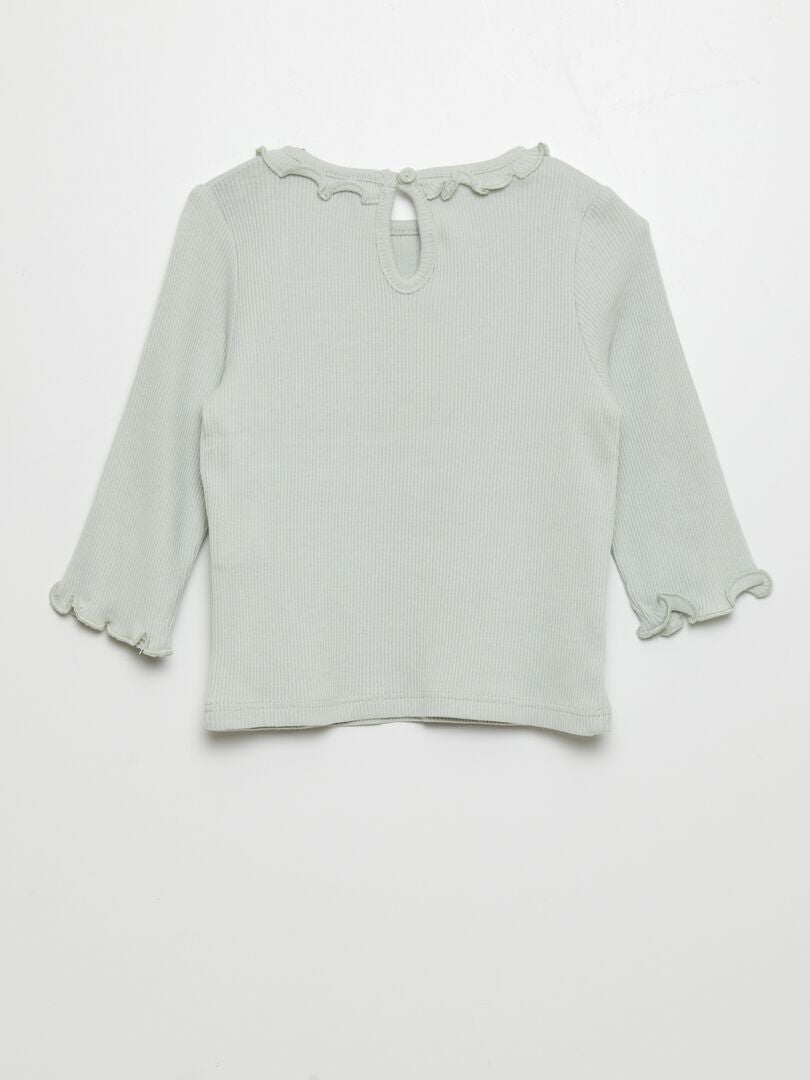 Camiseta de punto acanalado con cuello de volantes - AZUL