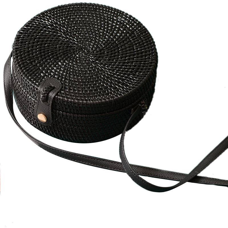 Black Round Rattan Bags For WOMEN Crossbody Bag Handmade Woven Circle Shoulder Bag Female Handbags