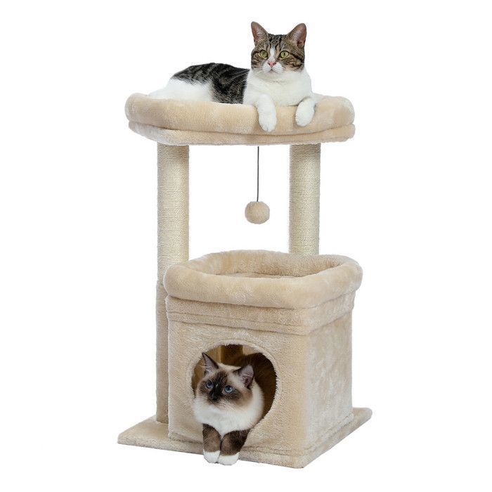 PAWZ Road Small Cat Tree 60 cm, Play Tower with 2 Sturdy Scratching Posts, 1 Spacious Condo & 1 Large Perch, Beige