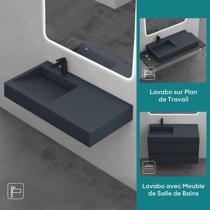 Mai & Mai Lavabo Suspendu Gris Noir Mat Vasque à Poser 75cm avec Partie Rangement Lave Mains Rectangulaire Col11 75x51x13cm