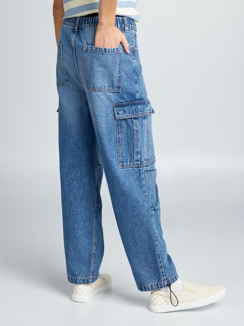 Calça jeans de pernas largas com vários bolsos - AZUL