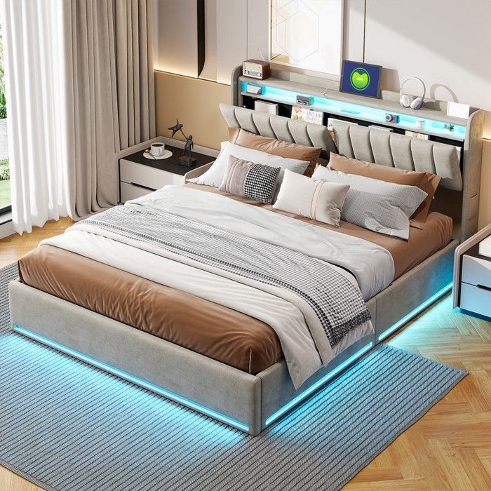 Lit coffre 140 x 200 avec sommier,lit double avec LED et multiprise,rangement dans la tête de lit capitonné,140x200 lit velours