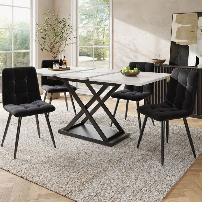 Conjunto de mesa de comedor extensible de 120-160 cm con efecto mármol blanco + 4 sillas de terciopelo negro - Conjunto de comedor de 5 piezas para 4 personas