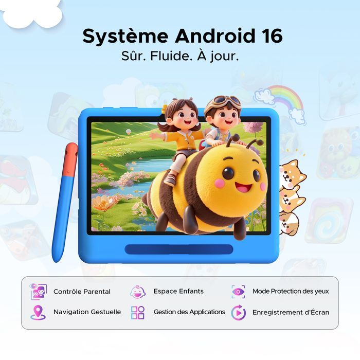 Tablette Enfant 10.1 Pouces POCKAM P10 Kid, Android 16, Tablette Avec Clavier Souris Casque, 32Go+64Go, 7000mAh, 5G Wifi -Bleu
