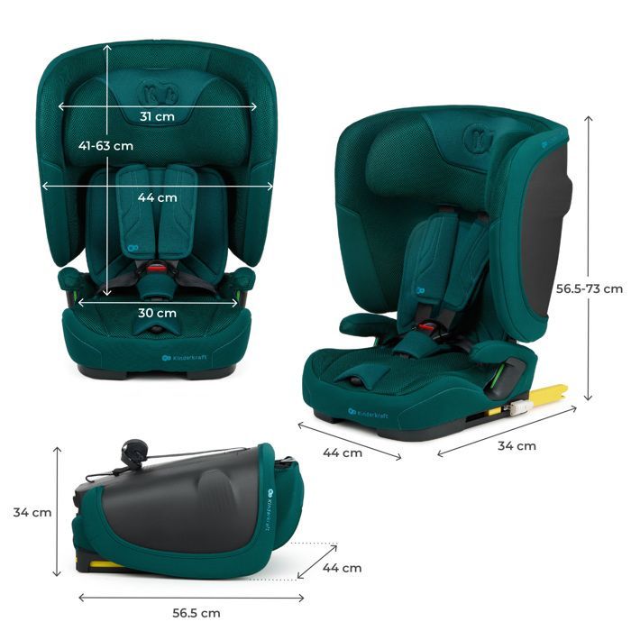 Siège-Auto Enfant Kinderkraft FIX2GO I-SIZE, 76–150 cm, 15 Mois à 12 Ans, ISOFIX, Dossier Pliable, Facile à Transporter, Vert