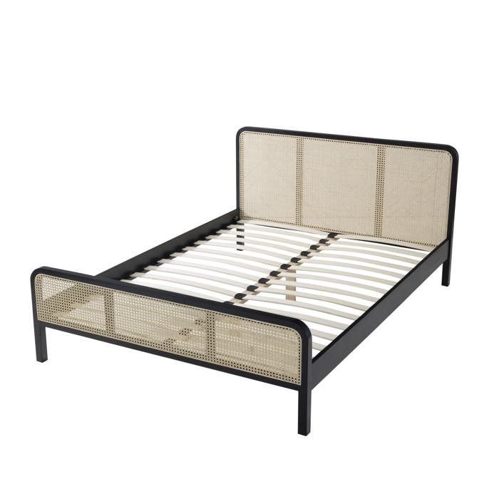 ANNA 160x200 Massief zwart grenenhouten volwassenenbed met echt rieten frame - LT17018 - Zwart - Terre de Nuit