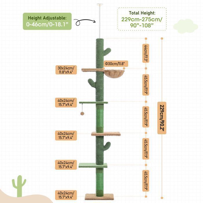 PAWZ Road Arbre à Chat au Plafond Cactus, Hauteur ajustable, Poteau griffoir sisal, hamac suspendu, 229-275cm