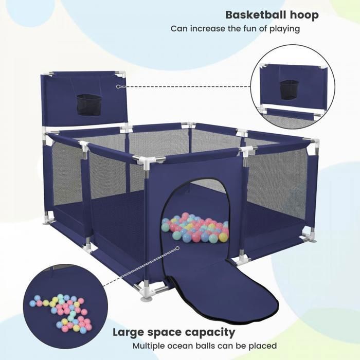 Parque infantil de tela Oxford - XUANYU - 126*126 cm con ventosas, puerta con cremallera y pelotas de juego - Azul oscuro