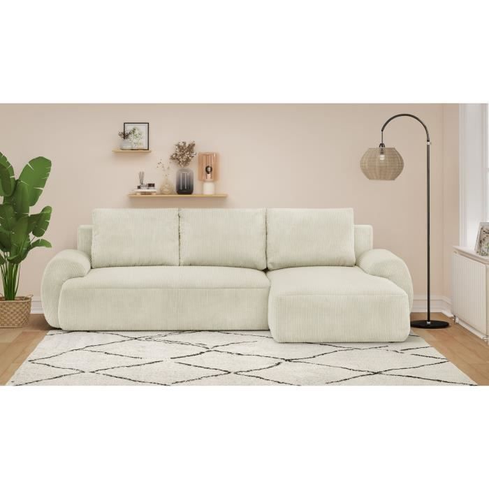 MILO 4/5-Sitzer Eckschlafsofa rechts – Beige Cord – Staufach – B 264 x H 84 x T 99/145 cm
